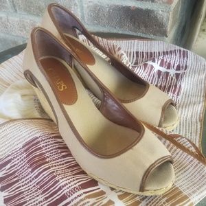 Chaps Tan Canvas Espadrille Wedges - Size 8B